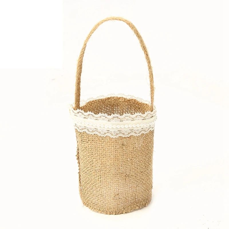Rustic Lace Linen Flower Basket – Wedding & Party Gift Bag Decorative Flower Basket Babs 8