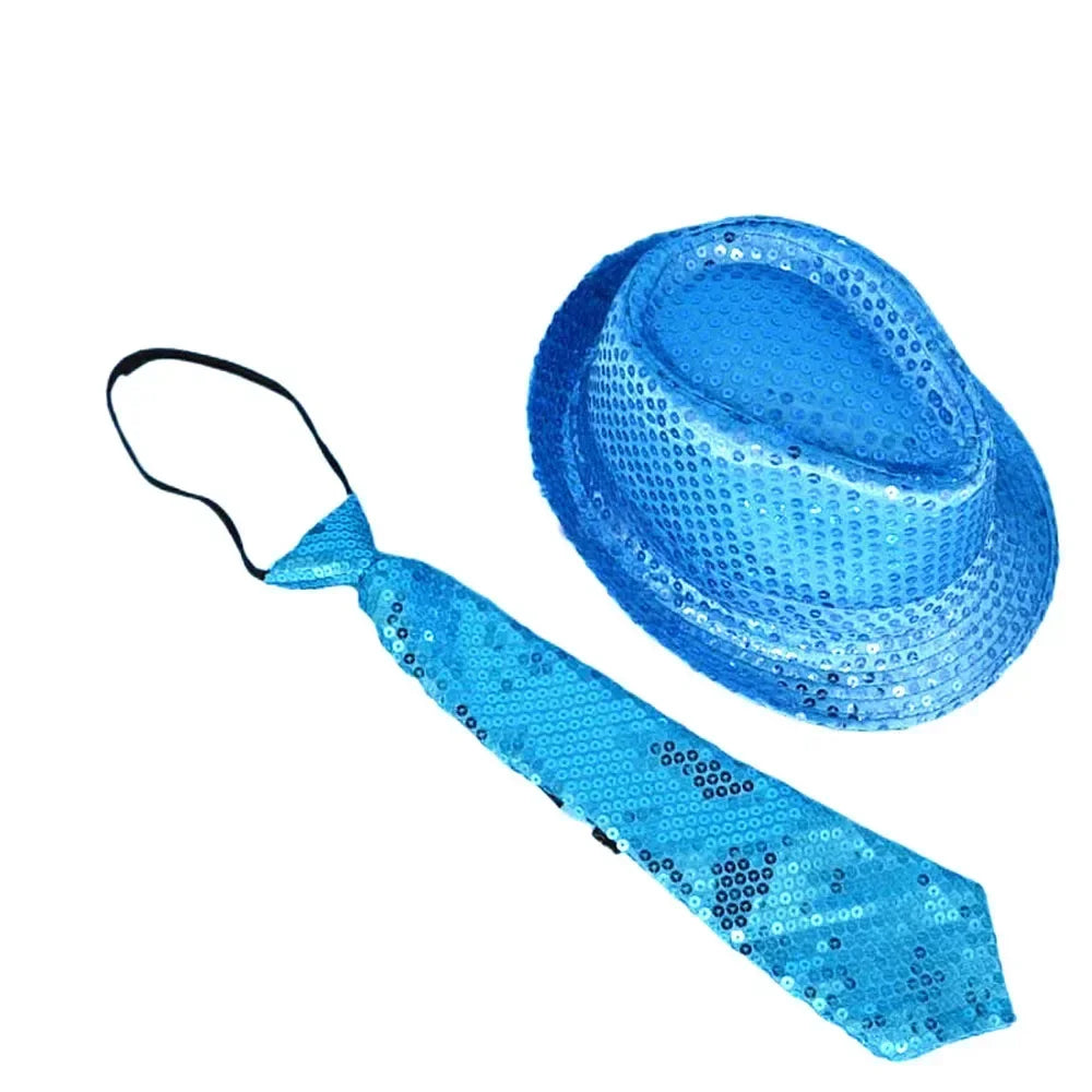 LED Light Up Sequin Jazz Hat & Tie Set | Party Costume LED Party Costume Set Babs light up blue 2 Adult size