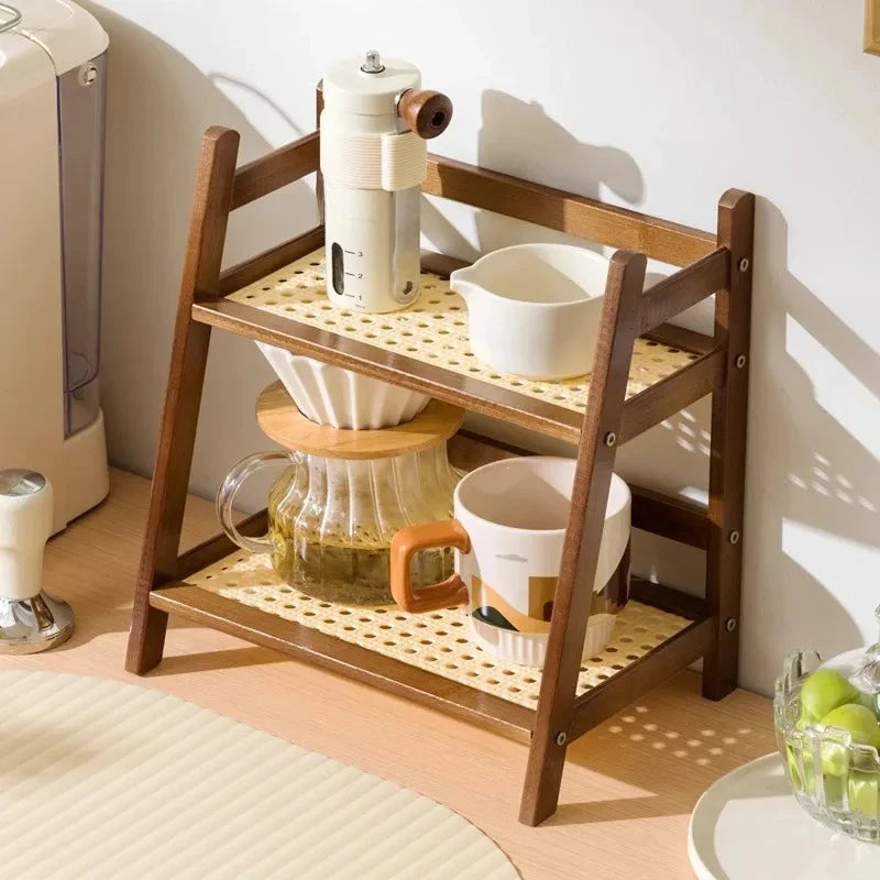 2-Tier Bamboo Rattan Desktop Storage Shelf & Organizer Rack Desktop Storage Shelf Babs
