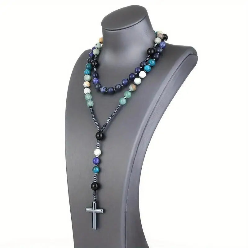 Natural Stone Rosary Necklace – Amazonite & Hematite Cross Gemstone Bead Necklace Babs