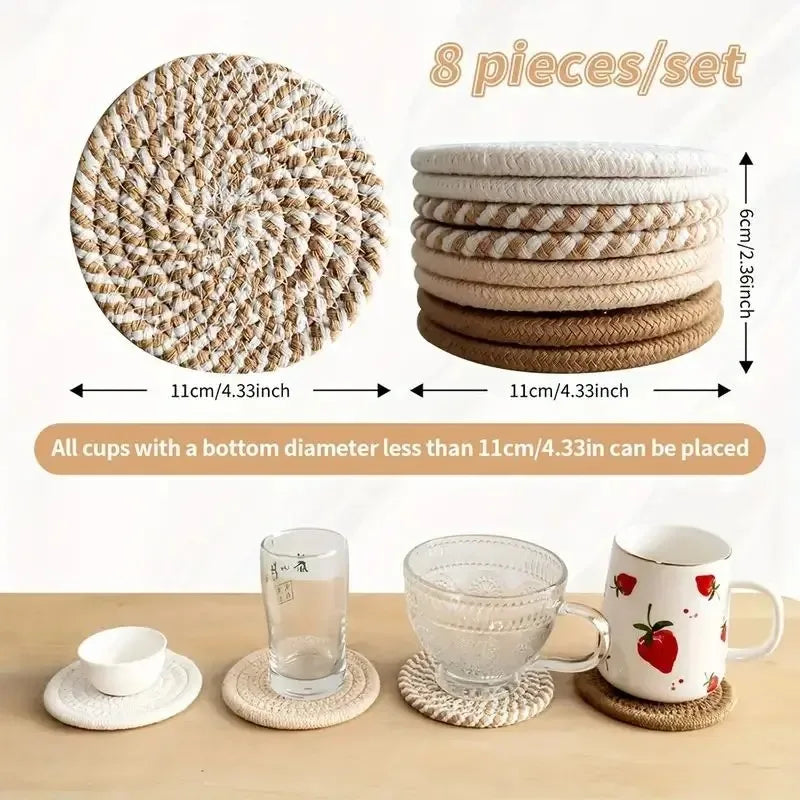 8-Piece Absorbent Cotton Woven Boho Coasters – Table Decor Woven Drink Coasters Babs