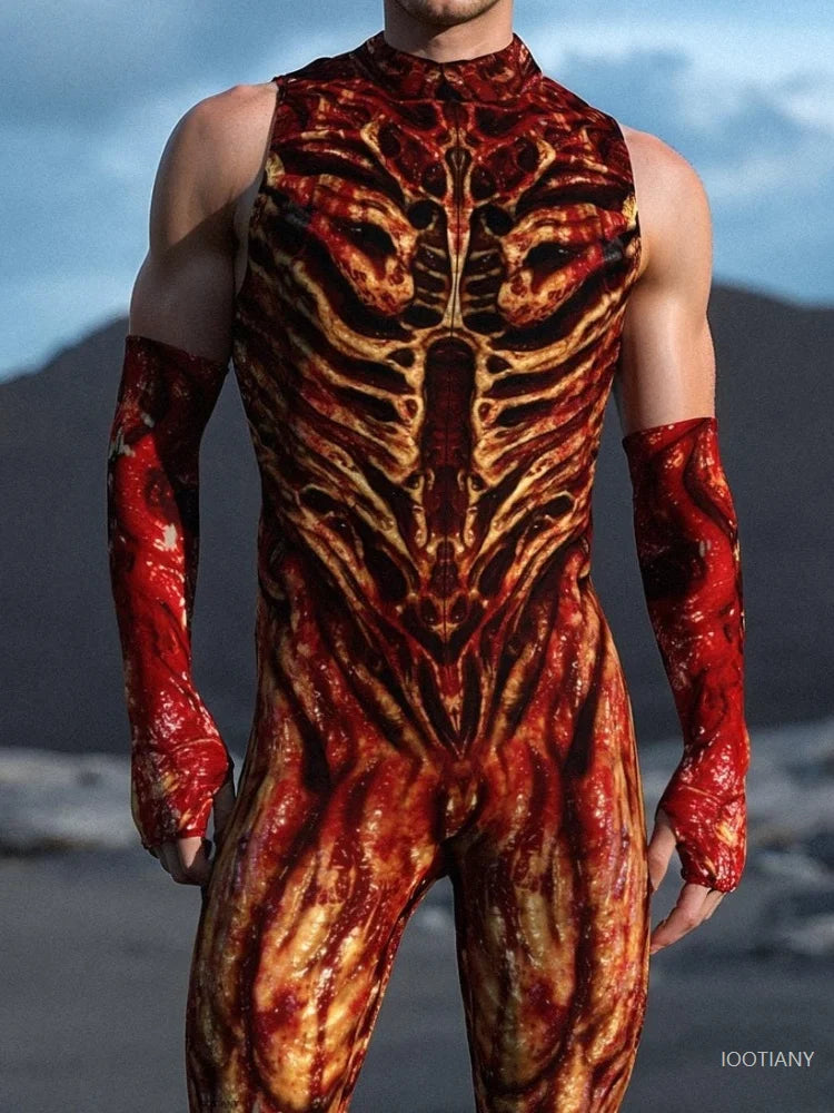 Men's Halloween Flame Magma Muscle Monster Bodysuit Tights Halloween Costume Bodysuit Babs