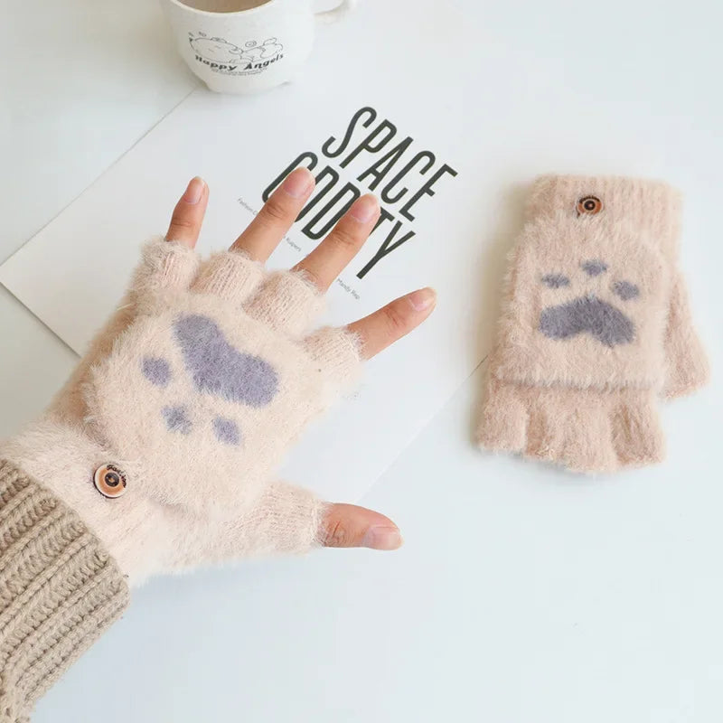 Cat Paw Convertible Flip-Top Mittens – Plush Lined Winter Gloves Convertible Mittens Babs Beige 5Pairs