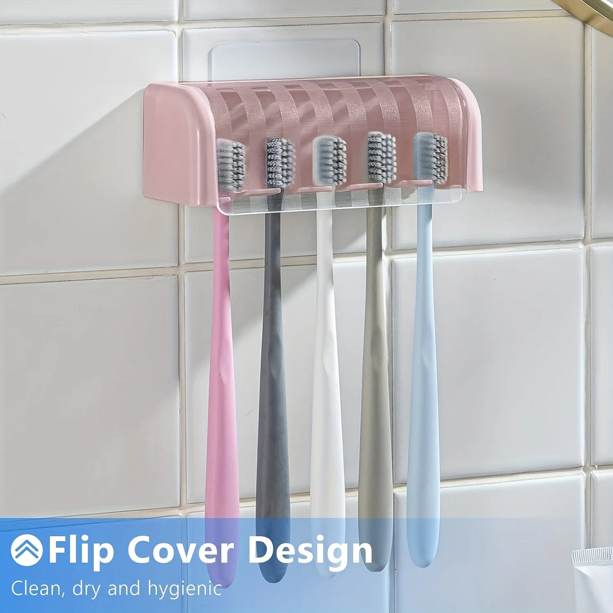 5-Slot Covered Wall Toothbrush Holder – Self-Adhesive Mount Toothbrush Holder Babs Pink
