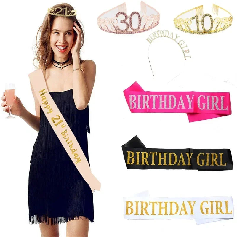 Rose Gold Satin Sash & Crystal Crown Tiara Set – Birthday Party Party Sash & Tiara Set Babs