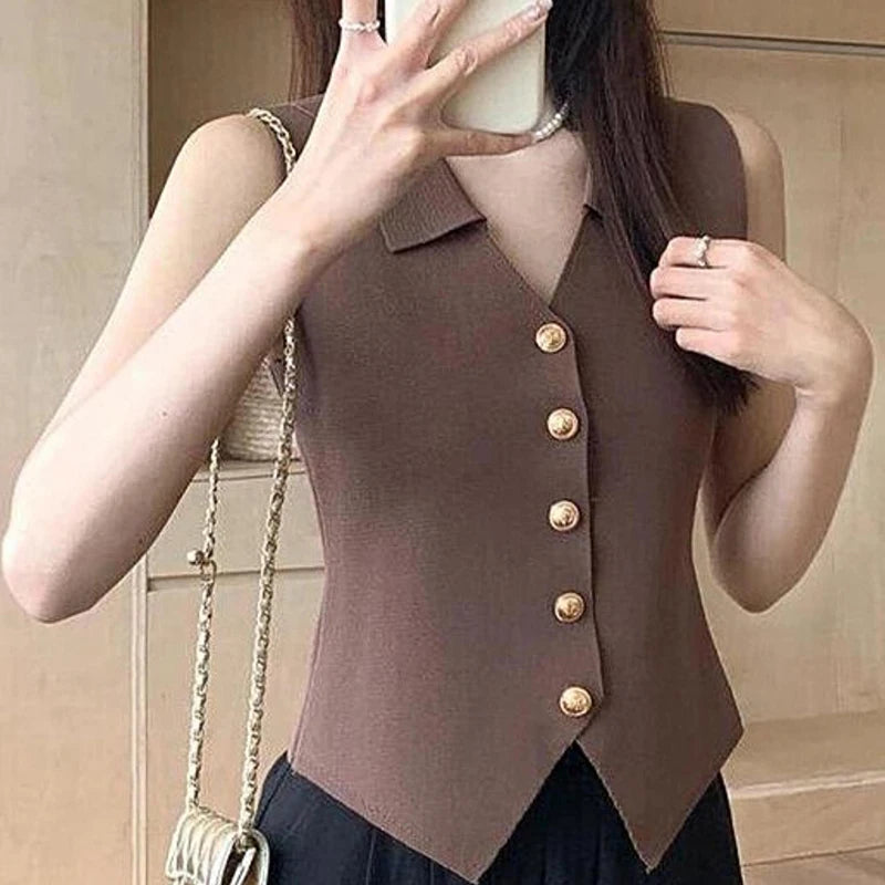 Women's V-Neck Gold Buckle Knit Vest – Slim Fit Summer Top Knit Vest Top Babs Brown One Size