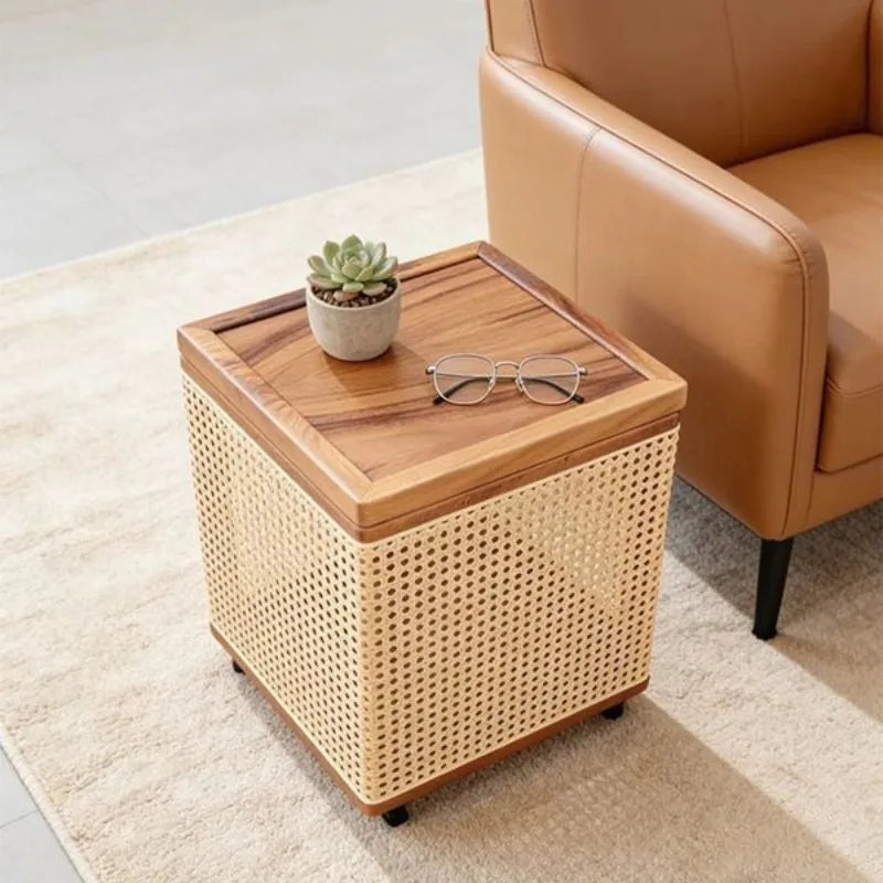 Modern Rattan Side Table – Walnut Wood, 40x40x43.5cm Rattan Side Table Babs