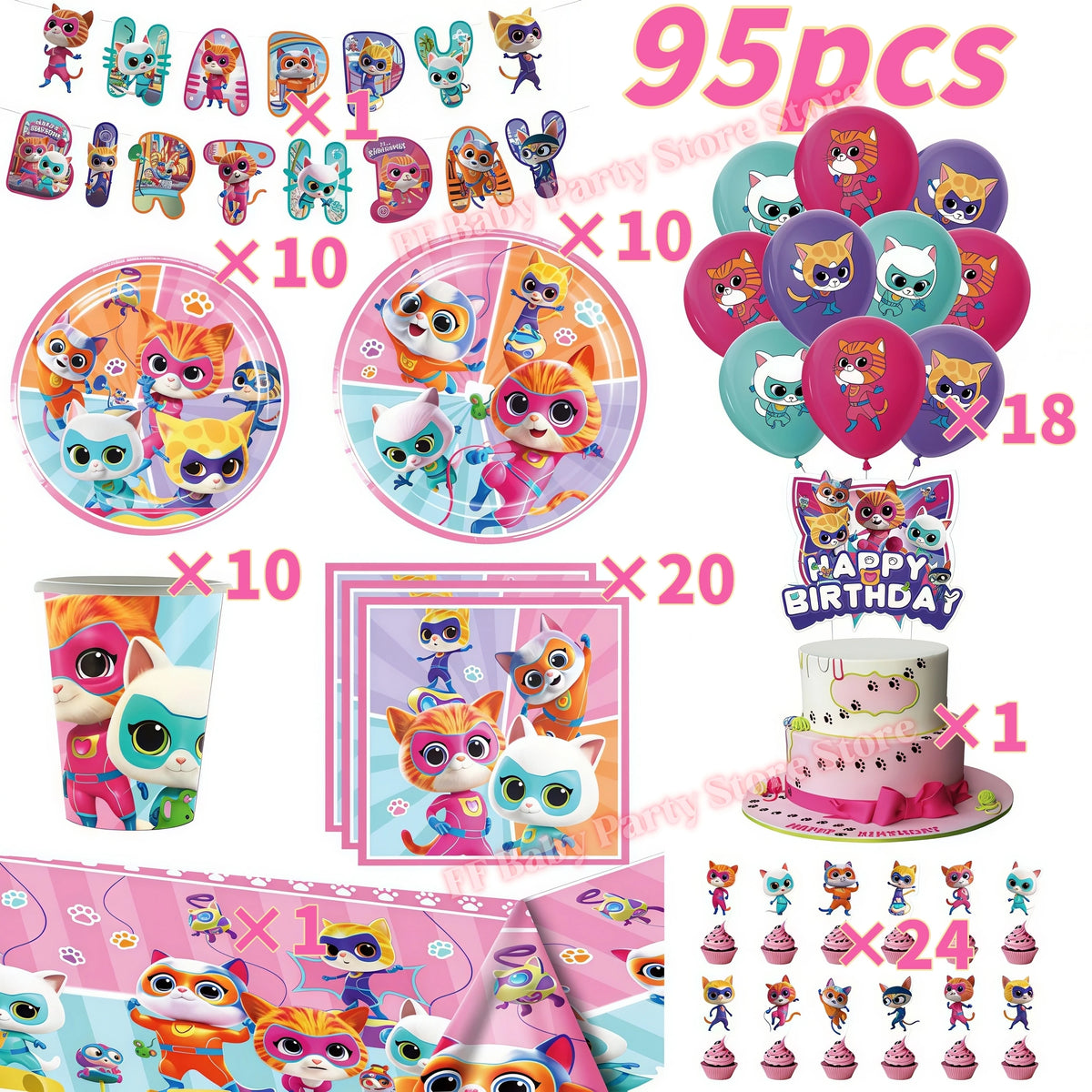 Cat Kitty Birthday Party Supplies – Plates, Cups & Balloons Set