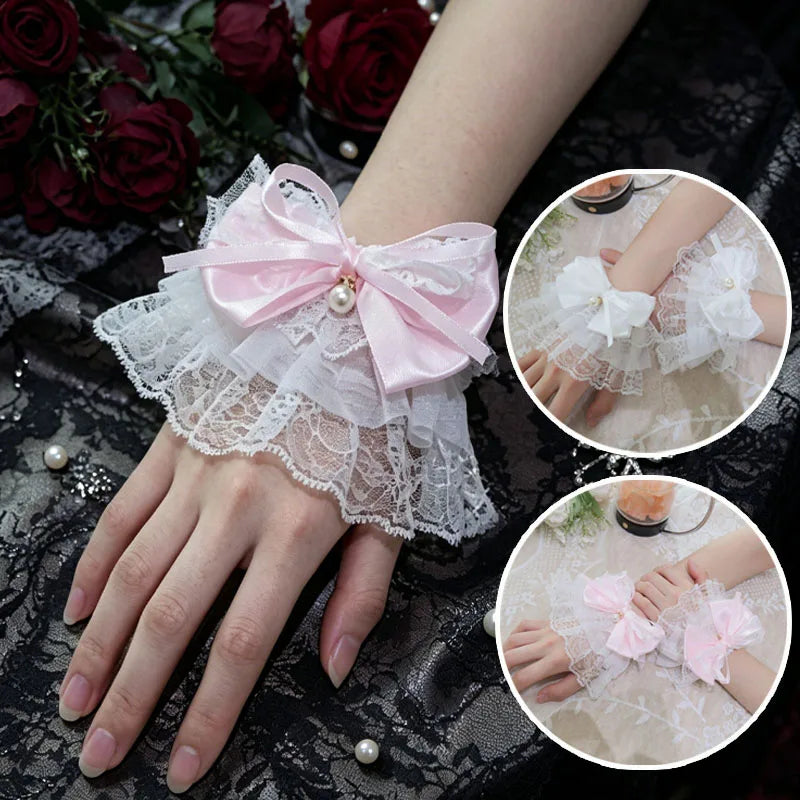 Lace Pearl Bow Bell Sleeve Cuff – Lolita Cosplay Wrist Band Sleeve Wrist Cuff Babs