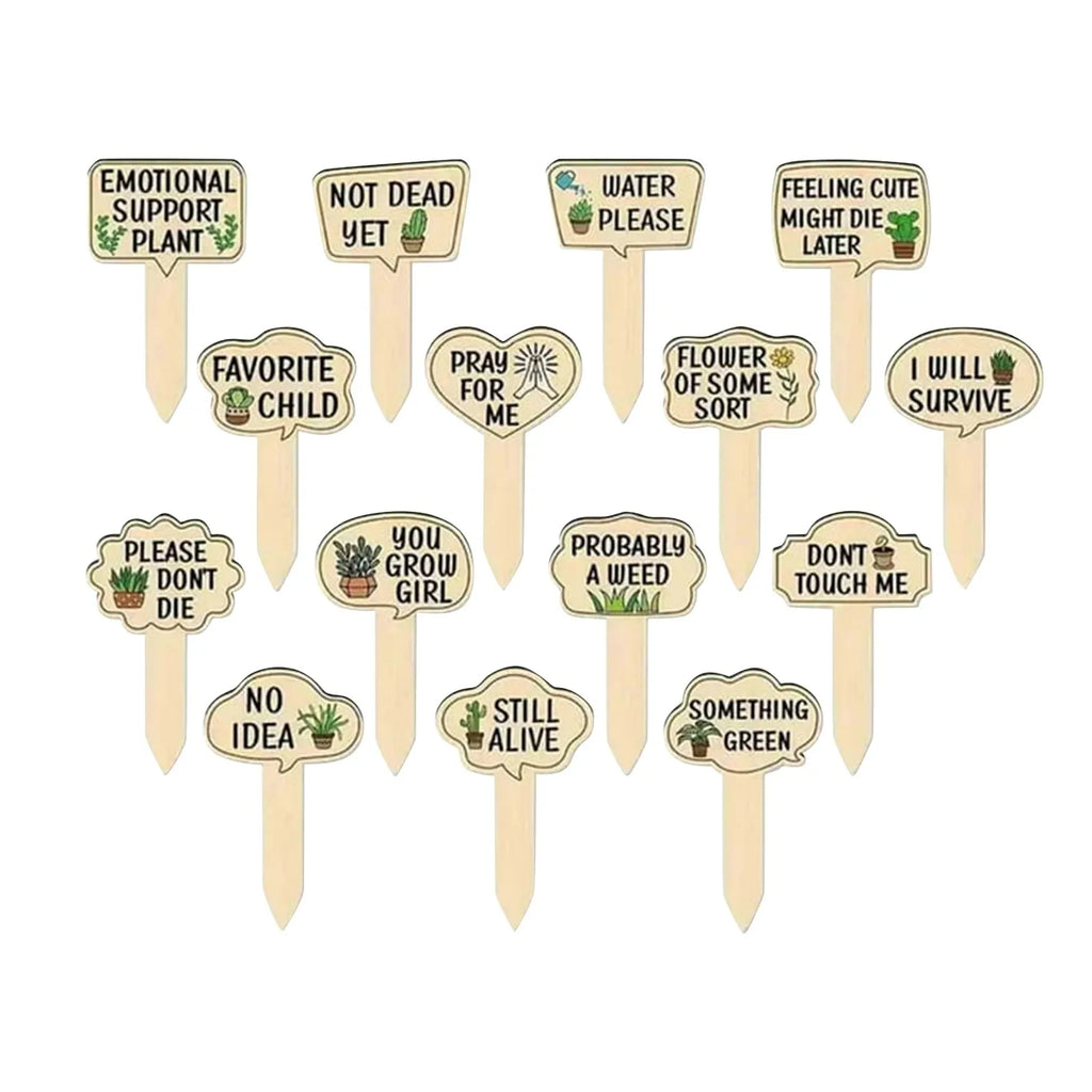 15 Wooden Plant Labels with Slogans – T-Shaped Garden Markers Garden Plant Markers Babs
