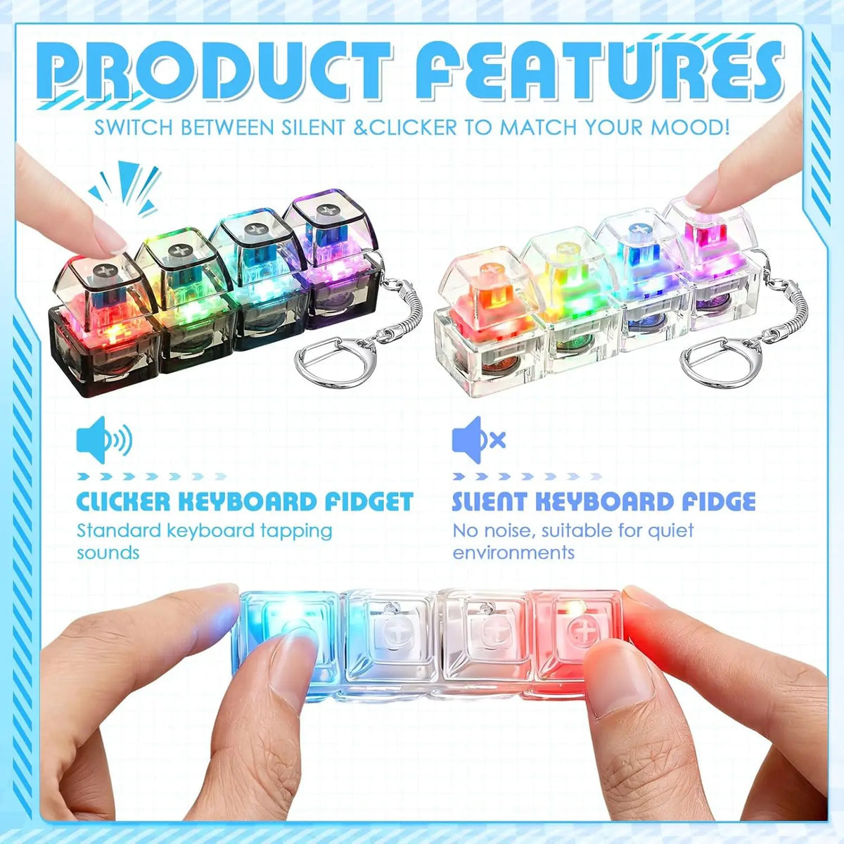 LED Light-Up Keyboard Keychain – Clickable Fidget Toy Gift Fidget Keychain Toy Babs