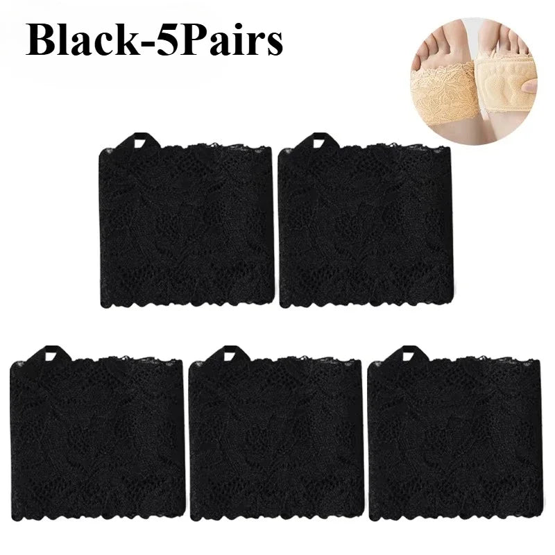Women's Non-Slip Half Sole Lace Foot Cover Socks 1-10 Pairs Half Sole Foot Cover Babs Black-5Pairs