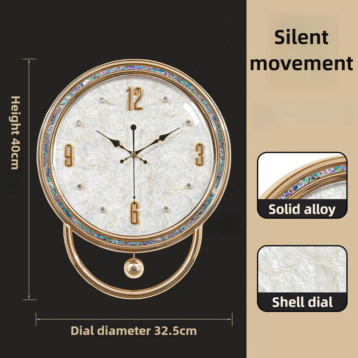 Oeny Natural Shell Nordic Wall Clock – Silent Quartz 40cm Decorative Wall Clock Babs Circle