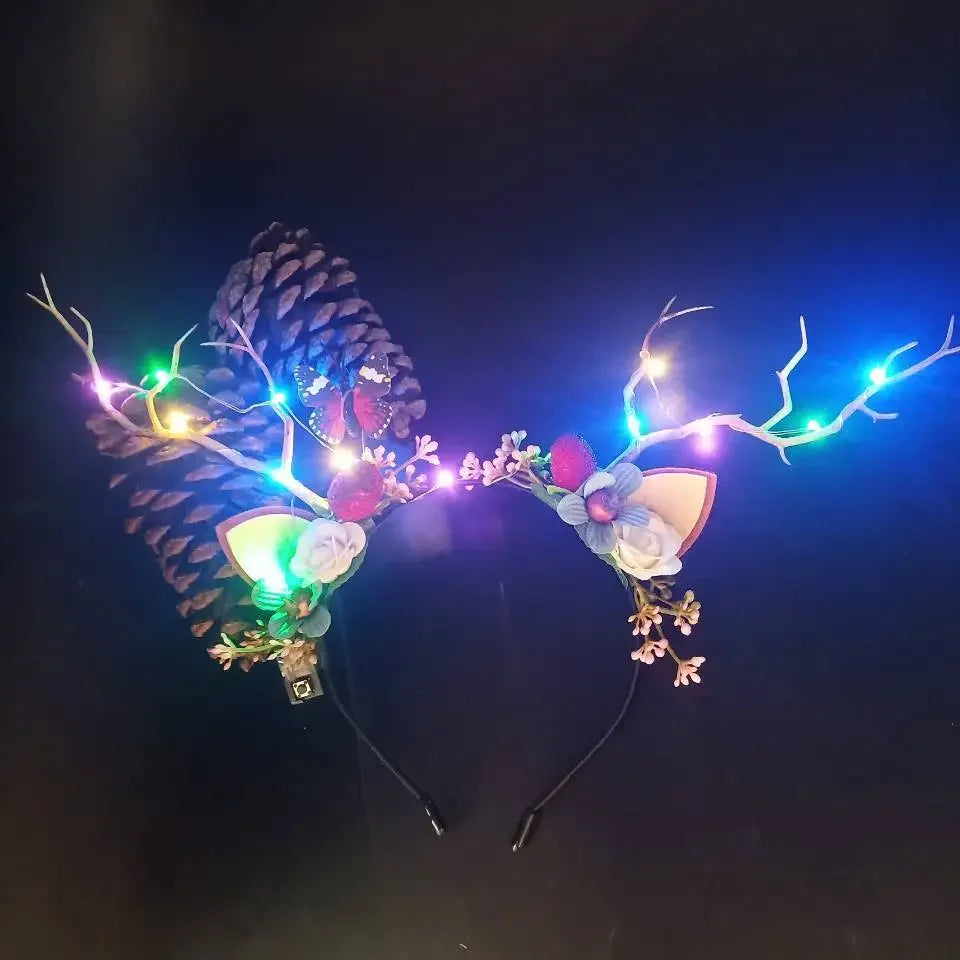 LED Reindeer Antler Headband – Deer Ear Flower Party Hairband LED Party Headband Babs 1