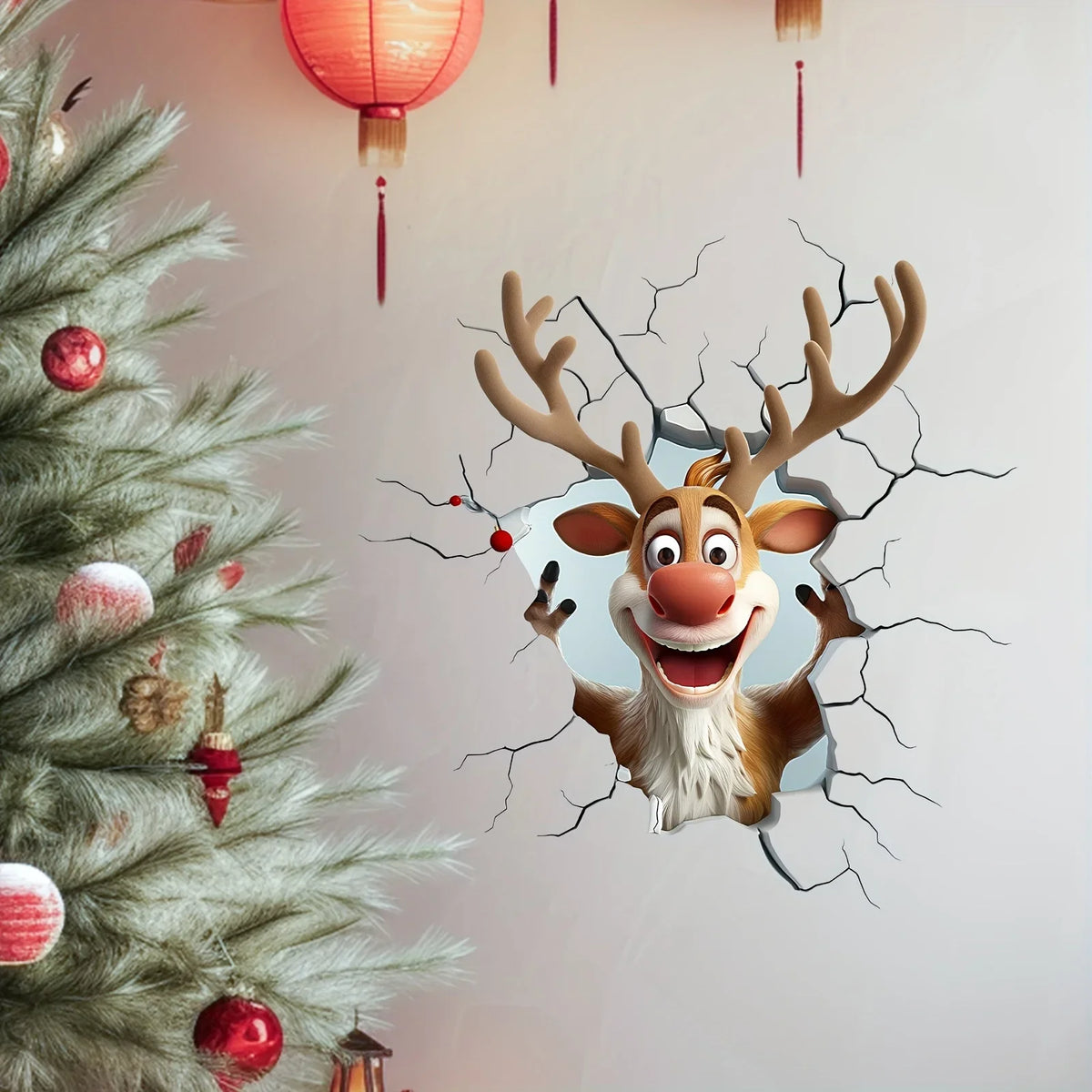 3D Reindeer Break-Through Vinyl Wall Decal | Christmas Decor Vinyl Wall Decal Babs