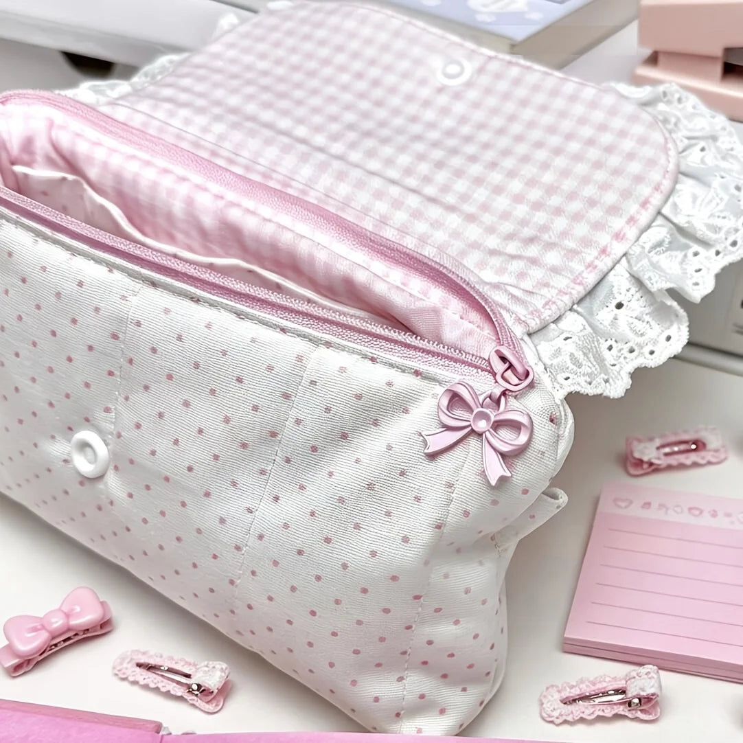 Pink Checkered Lace Pencil Case | Multifunctional Organizer Bag Pencil Case Organizer Babs