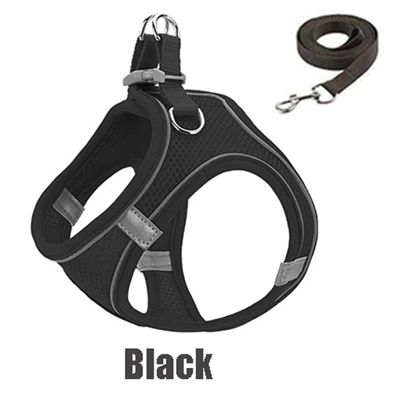 Reflective Dog Harness Vest with Leash | XXXS–L All Breeds Dog Harness Vest Babs Black XXS