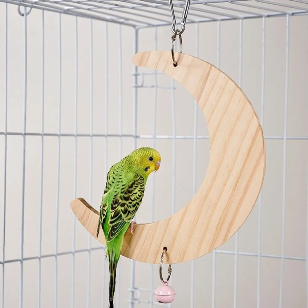Bird Wooden Perch Toy – Moon Shape, Mirror, Bell & Flower Bird Cage Toy Babs