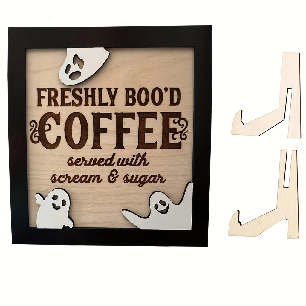 3D Wooden "Fresh Boo Coffee" Halloween Sign with Ghost Accent Wooden Décor Sign Babs