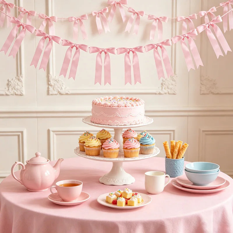 8-Piece Pink Bow Garland Satin Ribbon Party Banner Decoration Party Garland Banner Babs