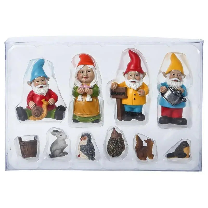 10pc Mini Resin Gnome & Dwarf Animal Garden Figurines Set Garden Figurine Set Babs