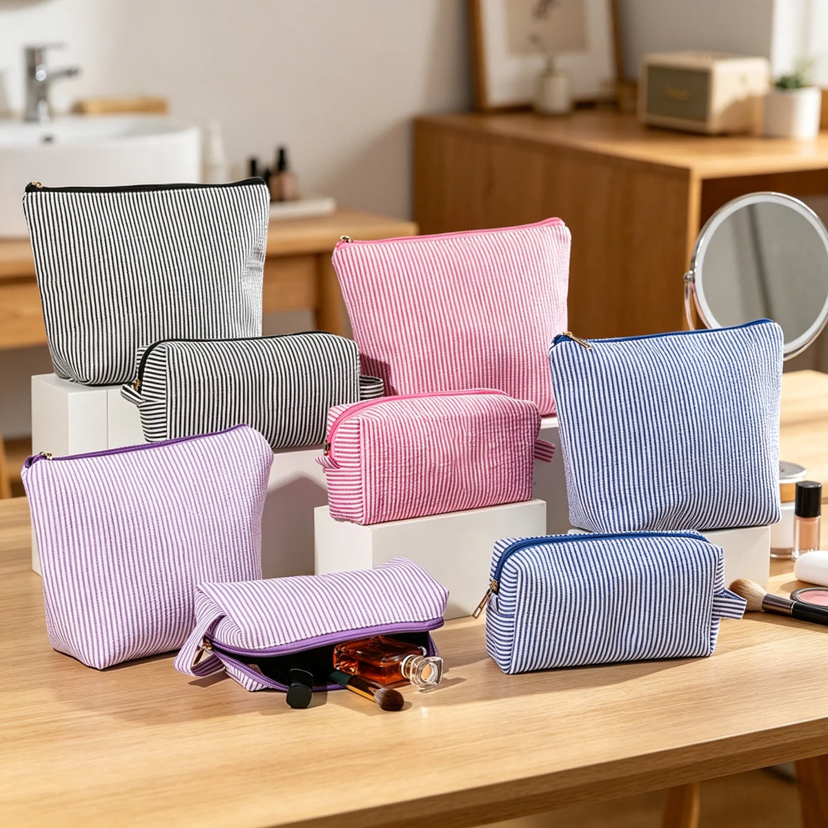 2-Piece Striped Makeup Bag Set – Travel Toiletry Organizer Cosmetic Bag Set Babs