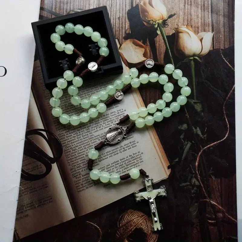 Luminous Rosary Bead Necklace – Glow in Dark Cross Pendant Rosary Bead Necklace Babs