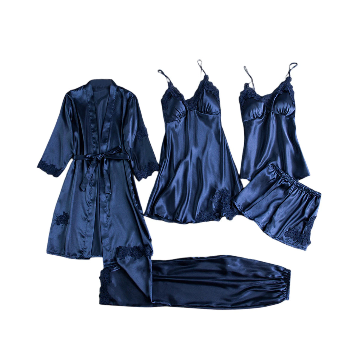 Ice Silk Women's 5-Piece Sleepwear Robe & Nightgown Set Sleepwear Robe Set Babs Navy S