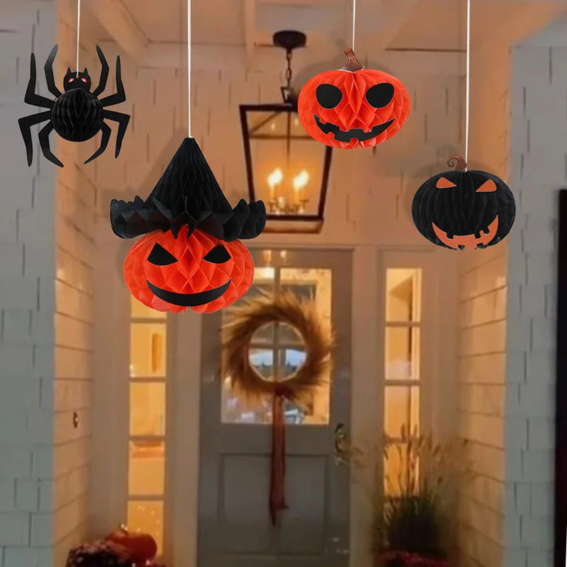 5-Piece Halloween Honeycomb Ball Set – Pumpkin & Spider Decor Halloween Hanging Decor Babs