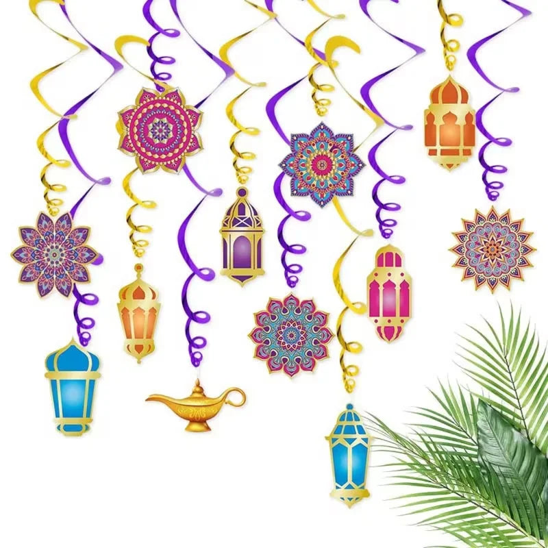 12pcs Eid Mubarak Hanging Swirls Ramadan Paper Garland Decoration Party Hanging Decoration Babs
