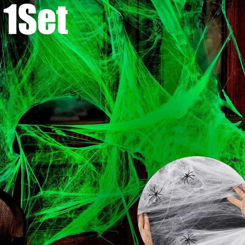 Glow in the Dark Spider Web Halloween Decoration + Fake Spiders Halloween Decoration Set Babs 1Set