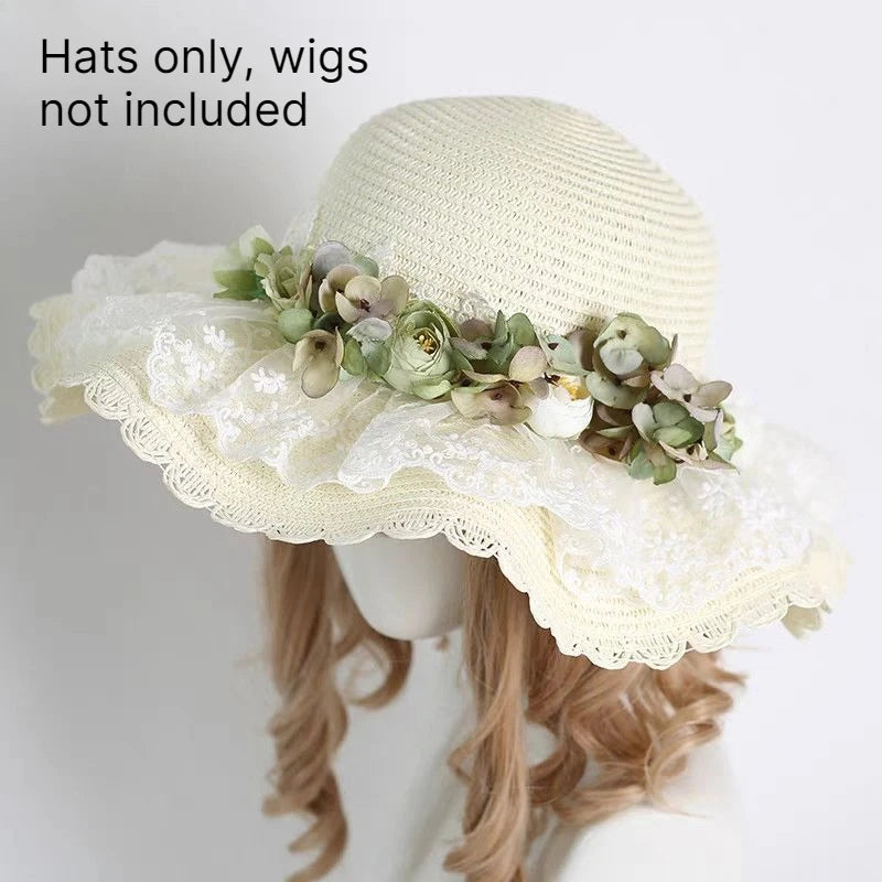 Lolita Straw Sun Hat Lace Ruffle Hydrangea Floral Beach Visor Straw Sun Hat Babs green