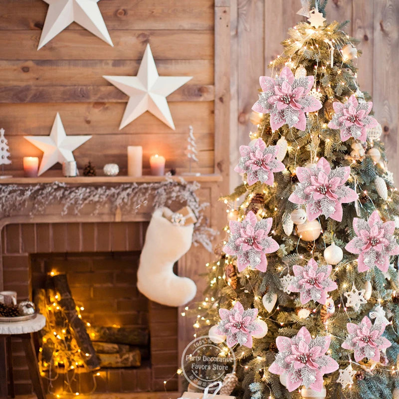 Glitter Pink Artificial Christmas Flower Ornaments 14cm 5/10 Pcs Christmas Ornaments Babs