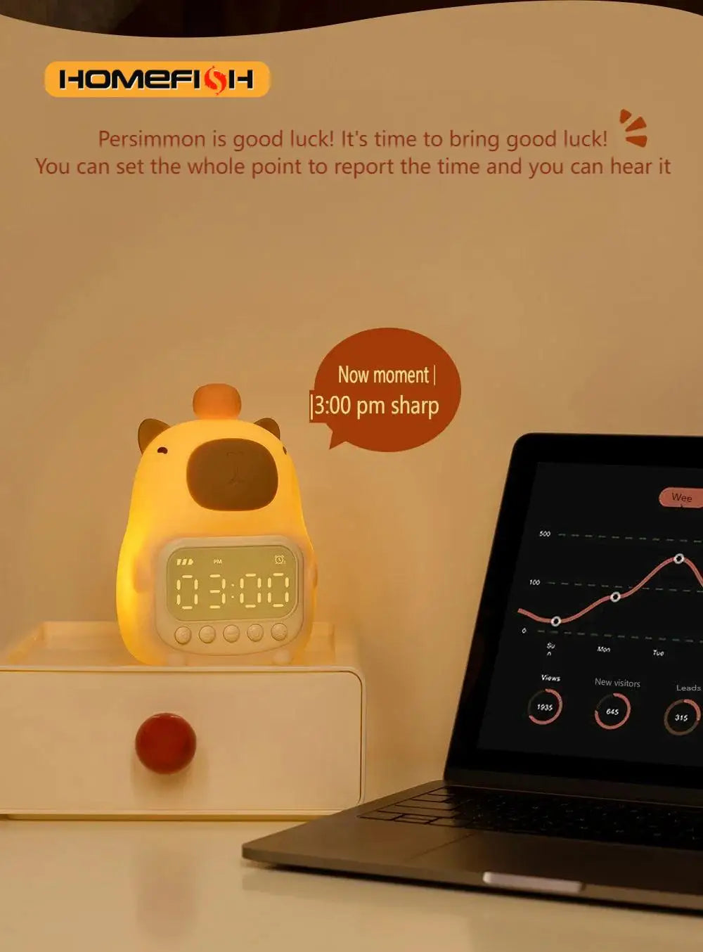 Capybara LED Night Light & Digital Alarm Clock – Dimmable LED Night Light Clock Babs