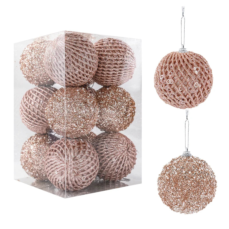 12Pcs 8cm Glitter Christmas Ball Ornaments White & Red Christmas Ball Ornaments Babs Rose Gold 8cm