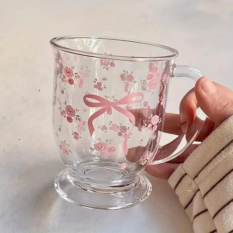 Rose Bow Pattern Glass Cup 450ml | U-Shaped Floral Glass Decorative Glass Cup Babs