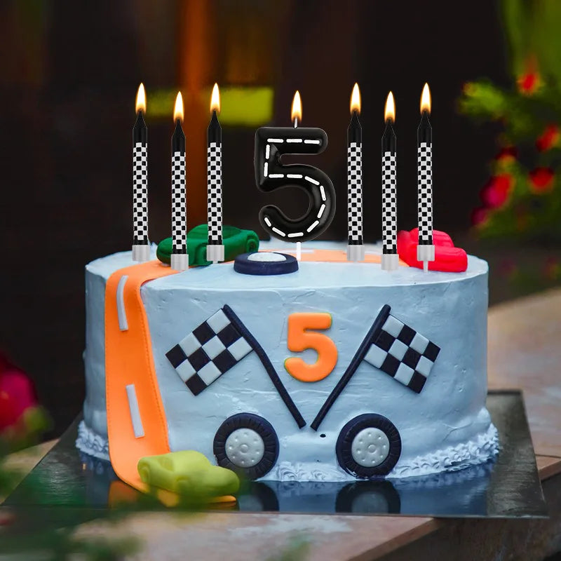 7-Pc Racing Car Birthday Candles & Checkered Cake Topper Set Birthday Cake Candles Babs