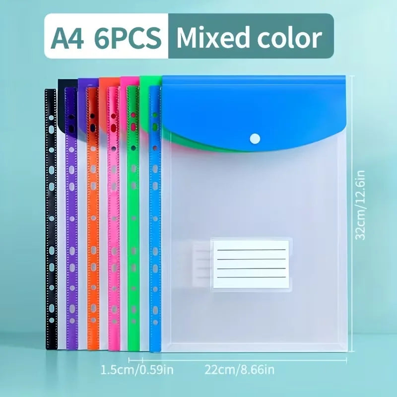 6-Pack Expandable Plastic Binder Bags, 11-Hole, Snap Closure Binder Organizer Bags Babs 6PCS B