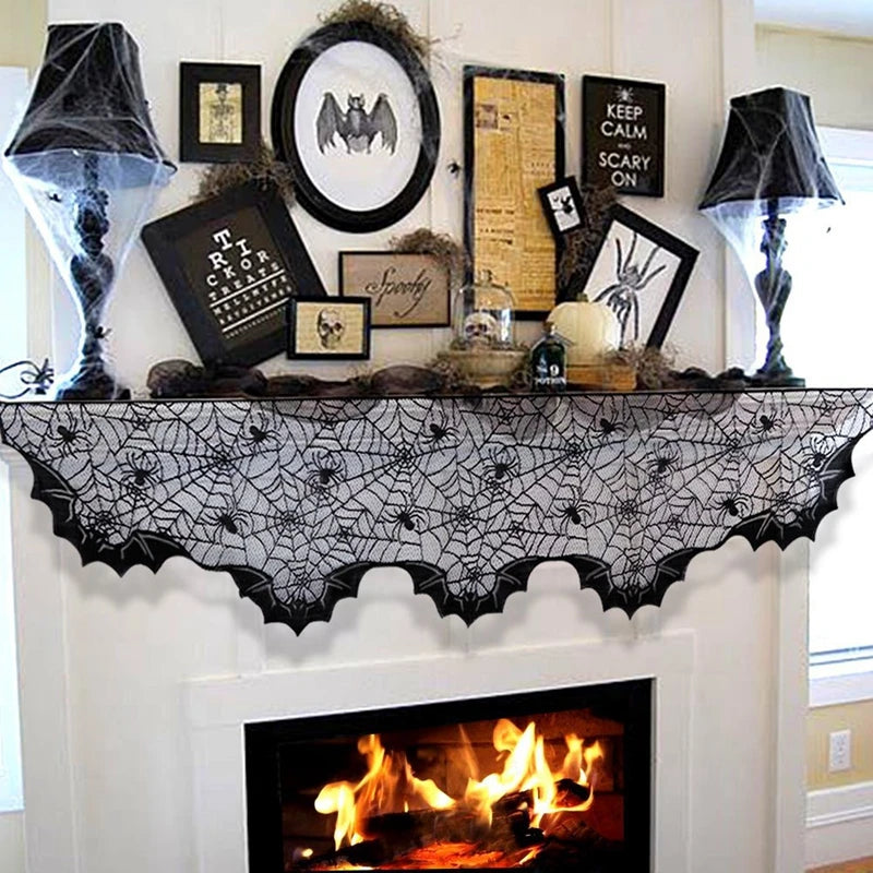 Halloween Bat Spider Web Lace Table Runner & Fireplace Curtain Halloween Table Runner Babs