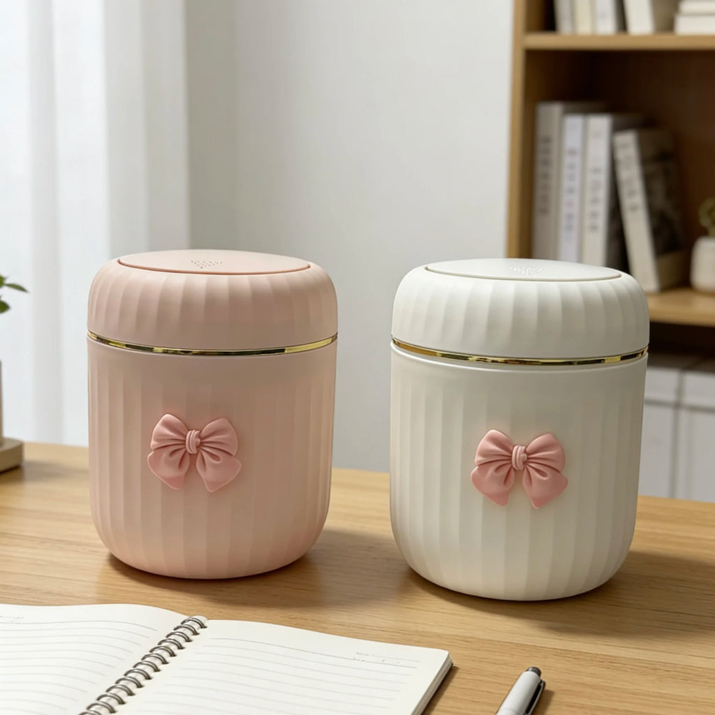 Mini Press-Open Desktop Trash Can with Lid & Bow Decor Desktop Trash Can Babs