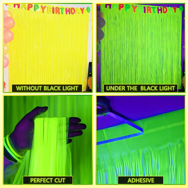Neon Glow Party Fringe Curtain Backdrop & Birthday Banner Set Party Decoration Set Babs