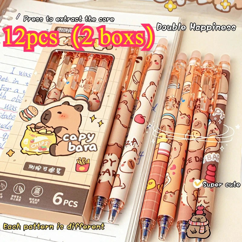 12pcs Capybara Erasable Gel Pens | Blue Ink, Cute Cartoon Style Erasable Gel Pens Babs