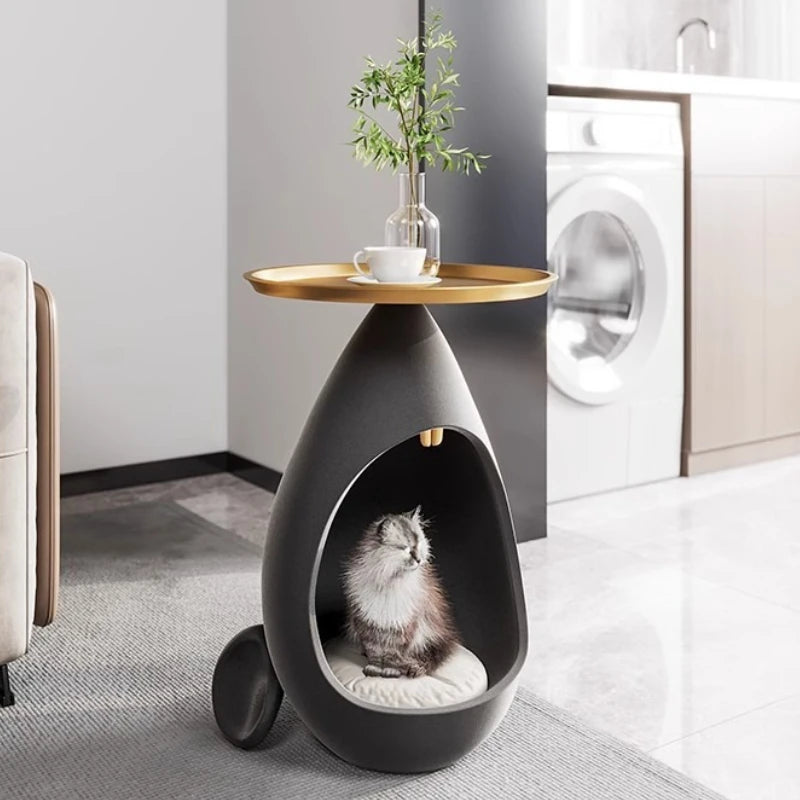Nordic Round Coffee Table with Cat House & Storage | Modern Coffee Side Table Babs