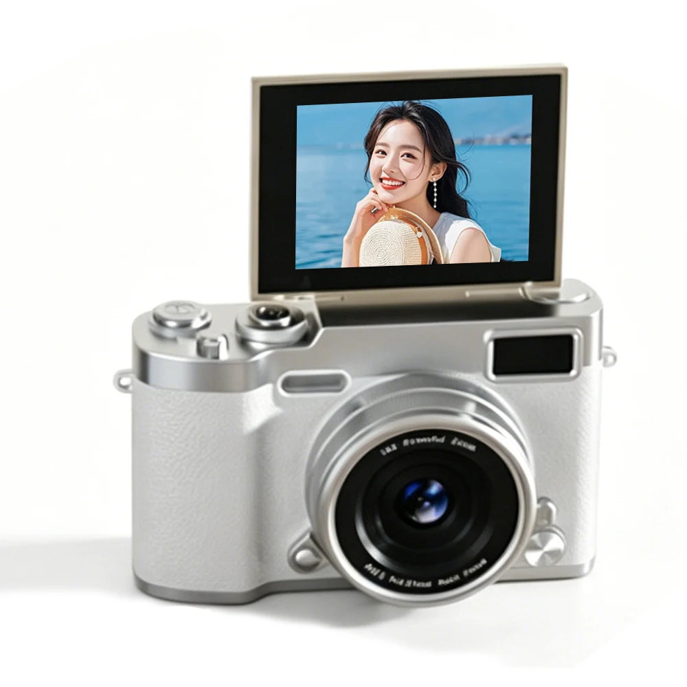 KEBIDUMEI 4K CCD Digital Camera 48MP 16X Zoom 180° Flip Selfie Digital Camera Babs White