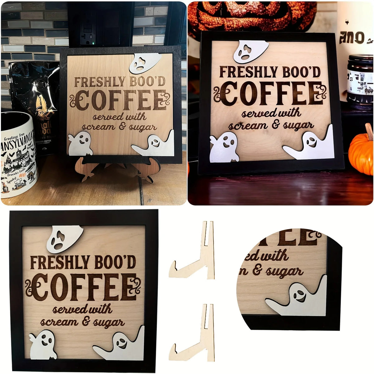 3D Wooden "Fresh Boo Coffee" Halloween Sign with Ghost Accent Wooden Décor Sign Babs