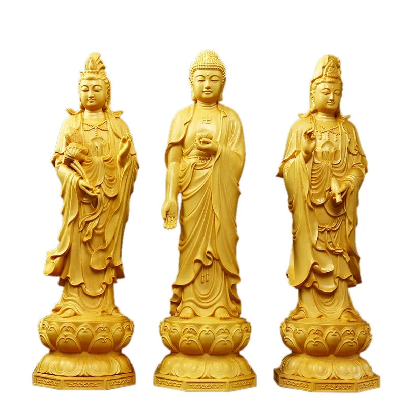 Hand-Carved Boxwood Guanyin Buddha Statue Set – 3 Holy Figures Wood Carved Statue Babs