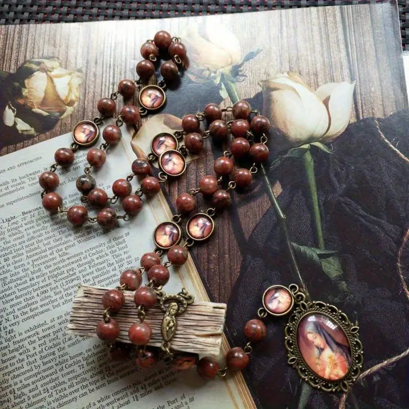 Seven Sorrows Rosary Necklace – Wine Red Stone Prayer Chaplet Rosary Necklace Babs