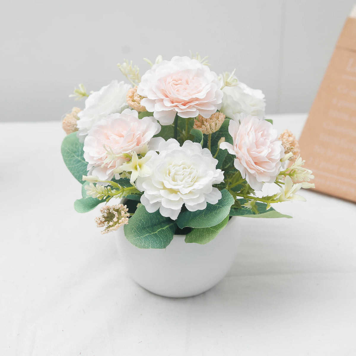 Peony Bonsai Artificial Silk Flowers Potted Plant Table Decor Artificial Flower Decor Babs Champagne White