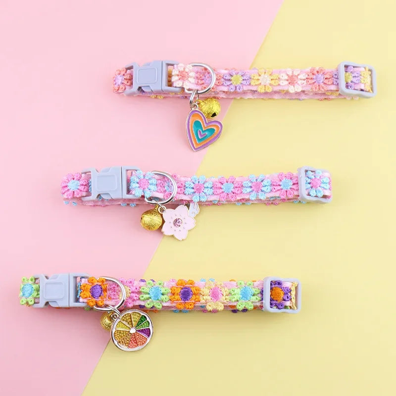 Adjustable Cat Collar – Lace Flower, Bell & Alloy Pendant Pet Collar Babs