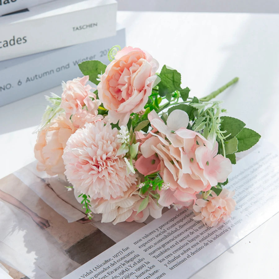 Silk Peony & Hydrangea Artificial Flower Bouquet | Wedding Decor Artificial Flower Bouquet Babs Pink 1 pc